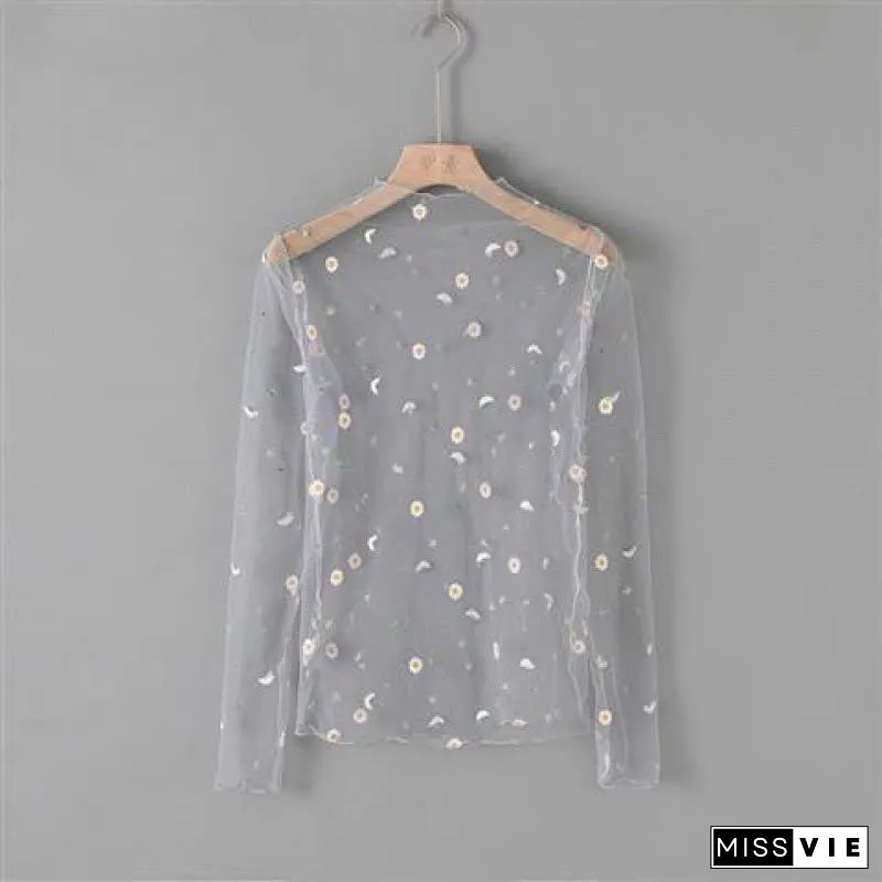 Mesh flower pattern long sleeve top
