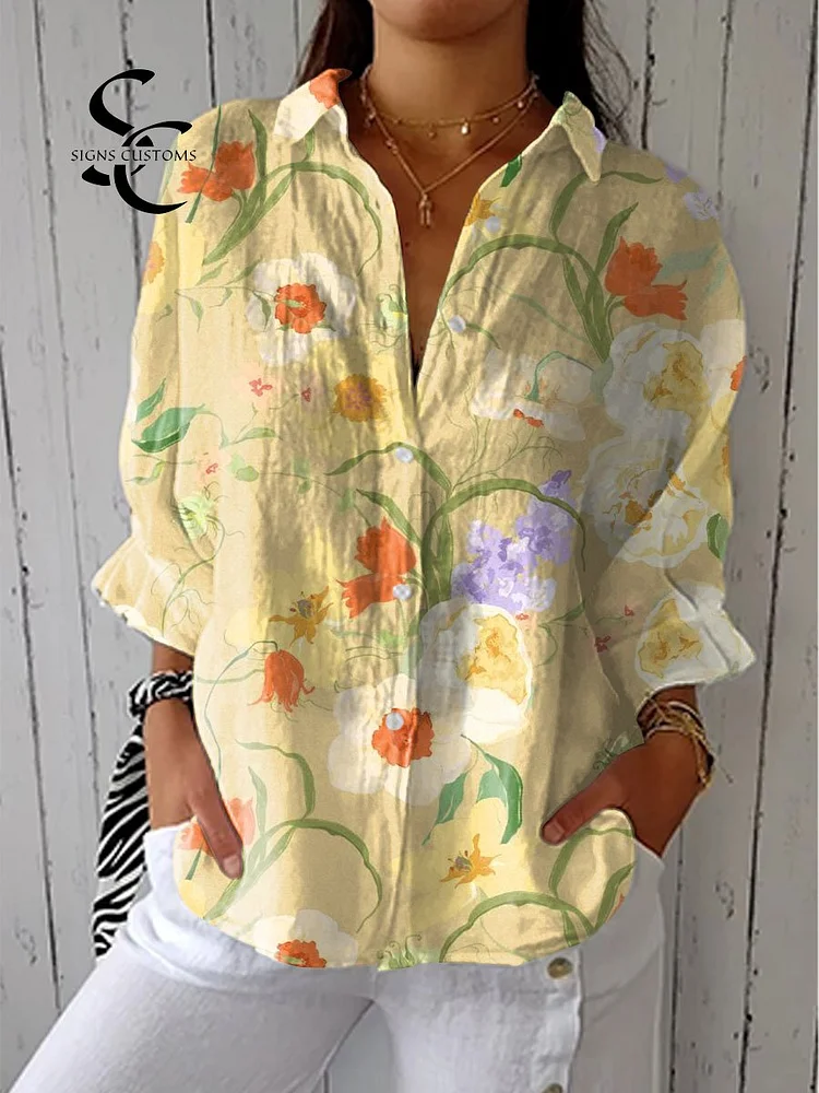 Women's Vintage Flower Art Print Casual Linen V-neck Shirt