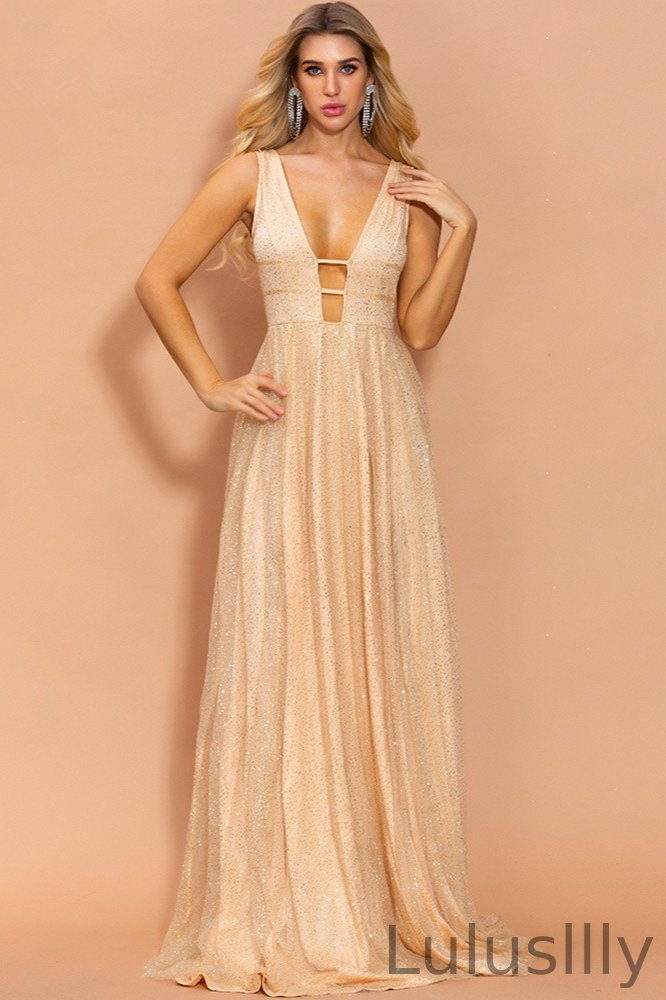 Chic V-Neck Sleeveless Sequins Long Evening Prom Dress On Sale - lulusllly
