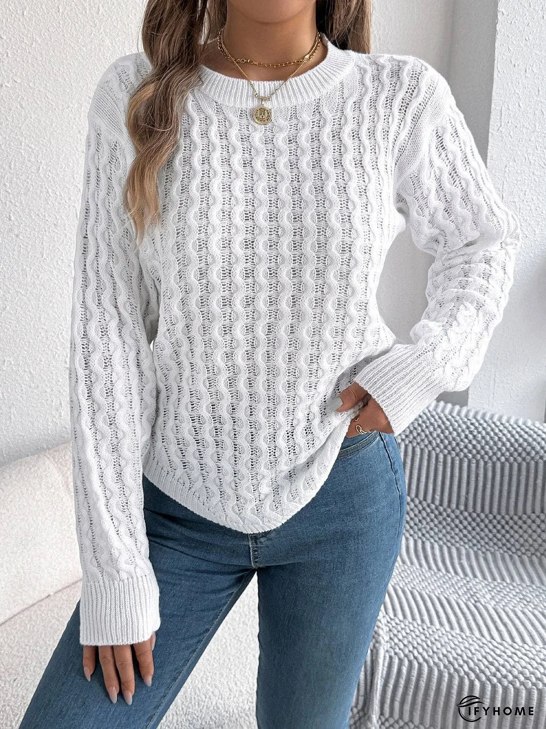 Asymmetric Hem Round Neck Long Sleeve Sweater | IFYHOME