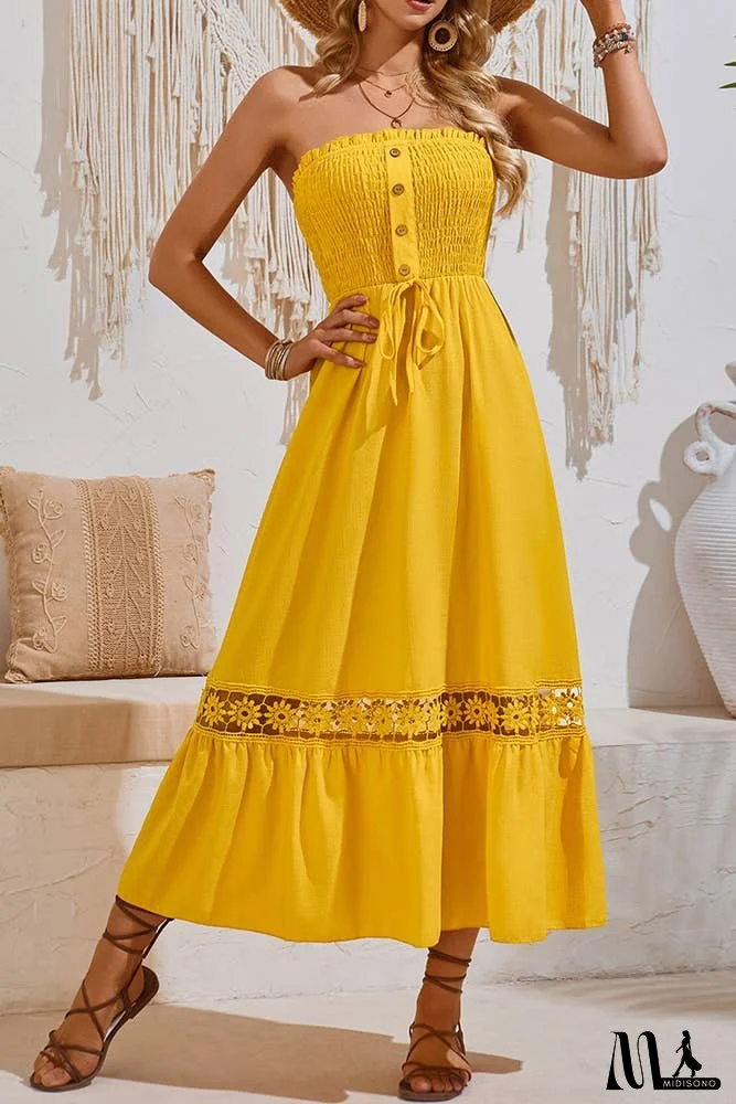 Spring Plain Strapless Smocked Buttoned Maxi Dress SN355