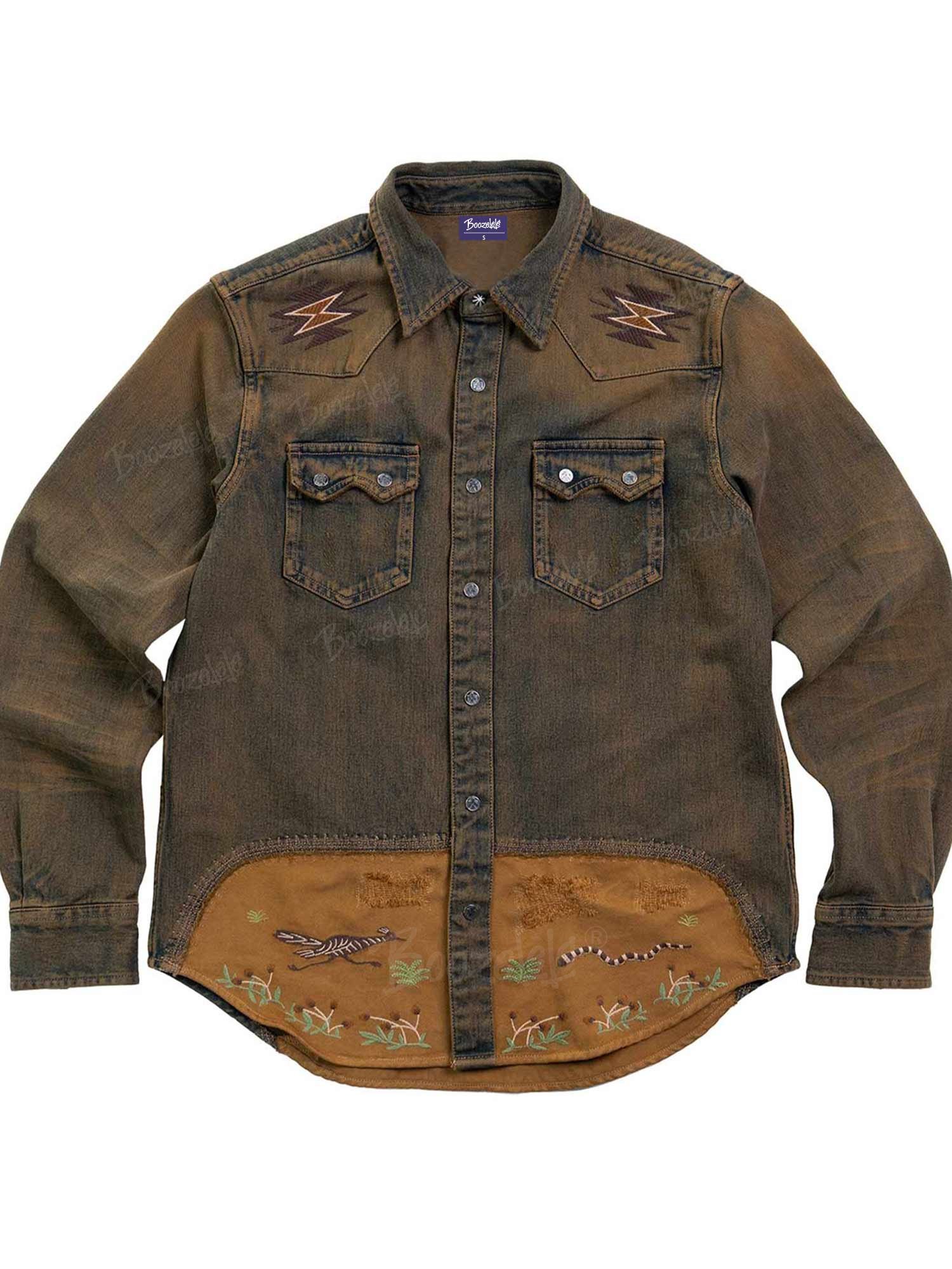 【Embroidery】Vintage Roadrunner Washed And Distressed Men'S Denim Shirt