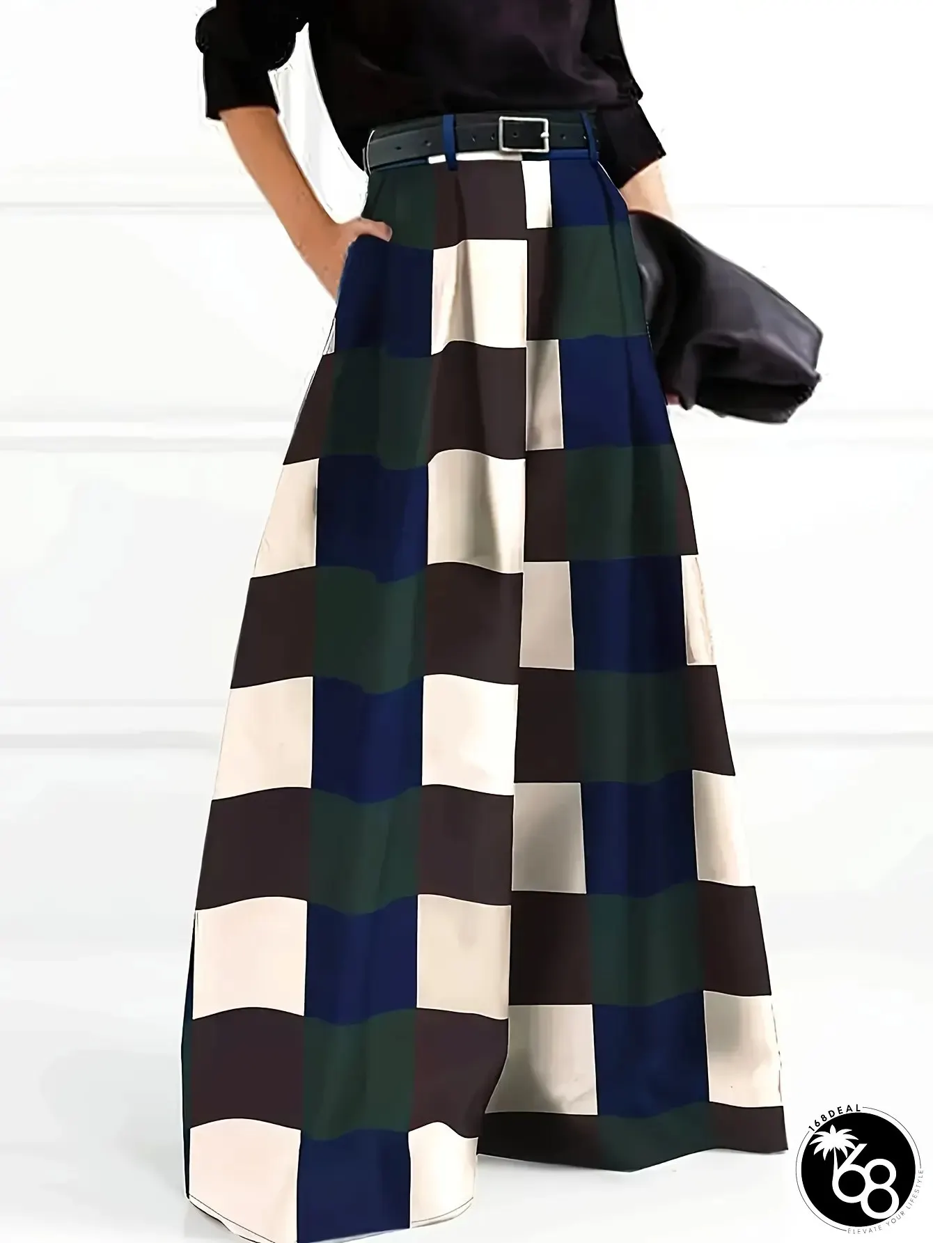 Womens Japanese-Style Elastic High-Waisted Wide-Leg Trousers Large Plaid Geometric Pattern | 168DEAL
