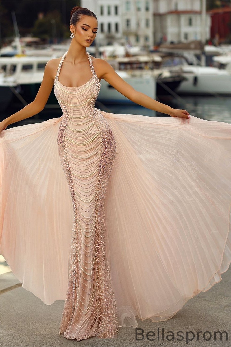 Bellasprom Pink Halter Sleeveless Mermaid Prom Dress With Pearls Beadings Detachable Skirt Bellasprom