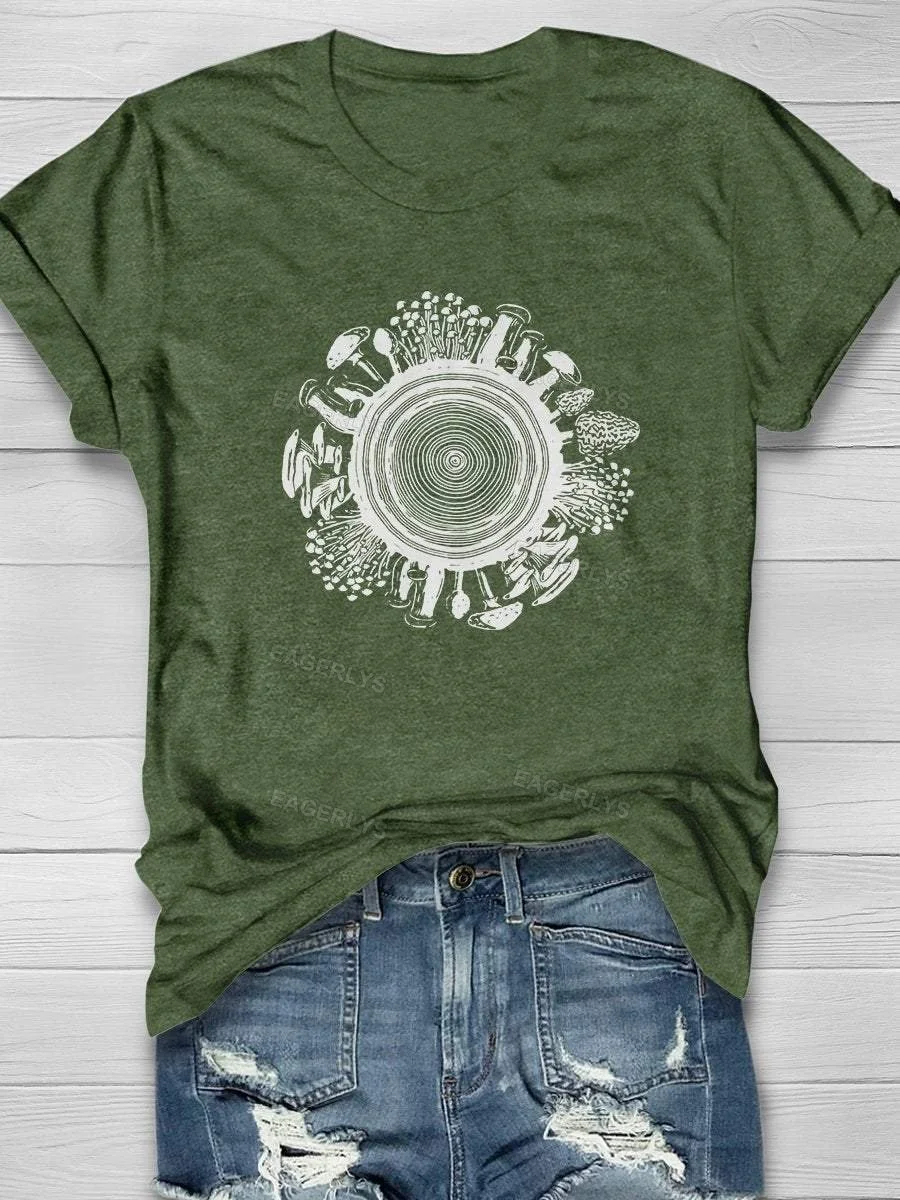 Eagerlys Mushroom Ring Nature Hiking Print Short Sleeve T-shirt Eagerlys