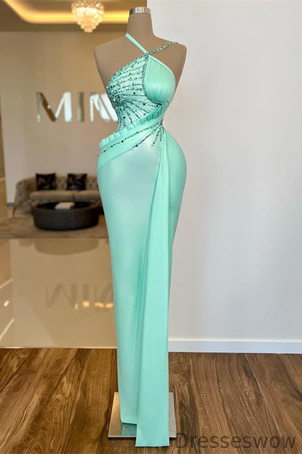 Dresseswow Halter Mint Green Prom Dress Sleeveless Mermaid Long With Beads