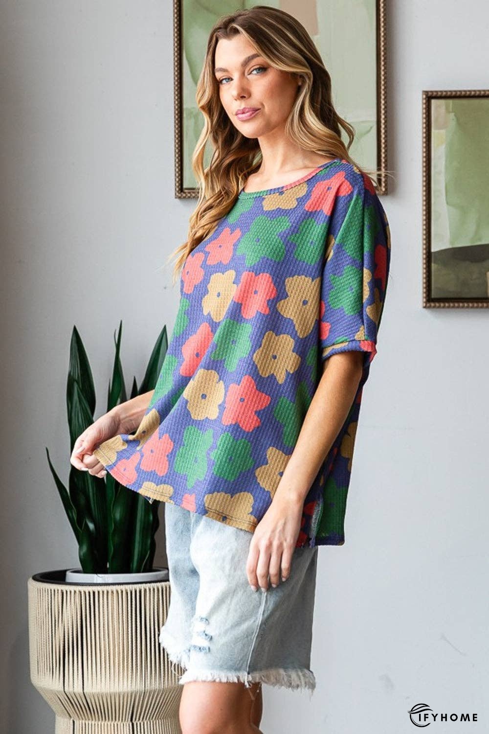 HOPELY Full Size Floral Round Neck Side Slit T-Shirt | IFYHOME