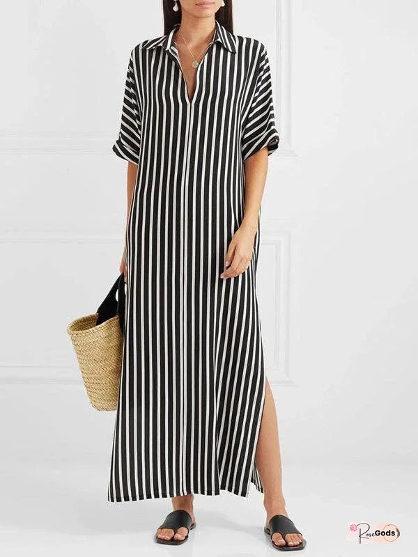 Loose Lapel Striped Single-breasted Maxi Dress