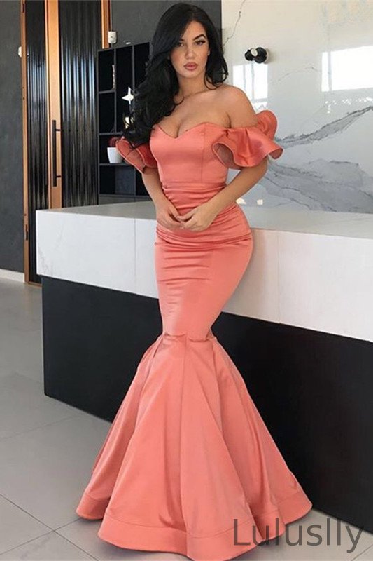 Luluslly Coral Off-the-Shoulder Mermaid Prom Dress Long