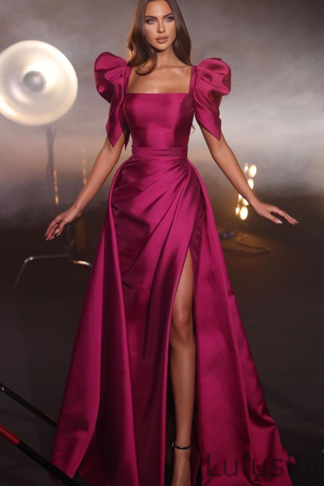 Luluslly Fuchsia Square Short Sleeves Mermaid Evening Prom Dresses With Split Pleats