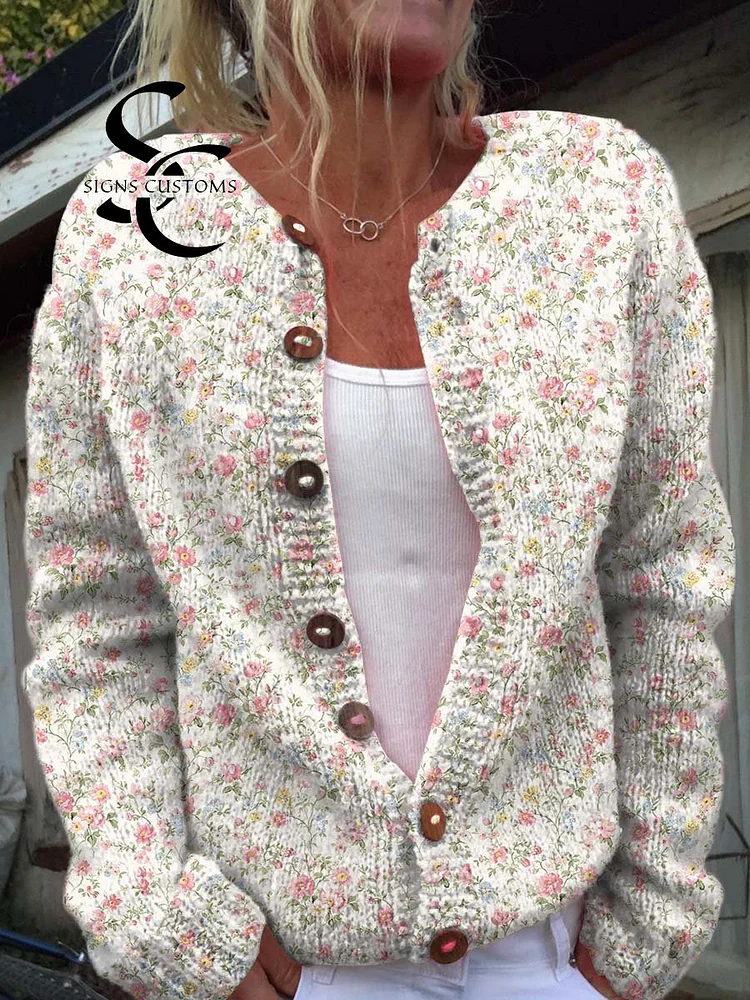Women's Vintage Art Floral Print Buttoned Cardigan Sweater