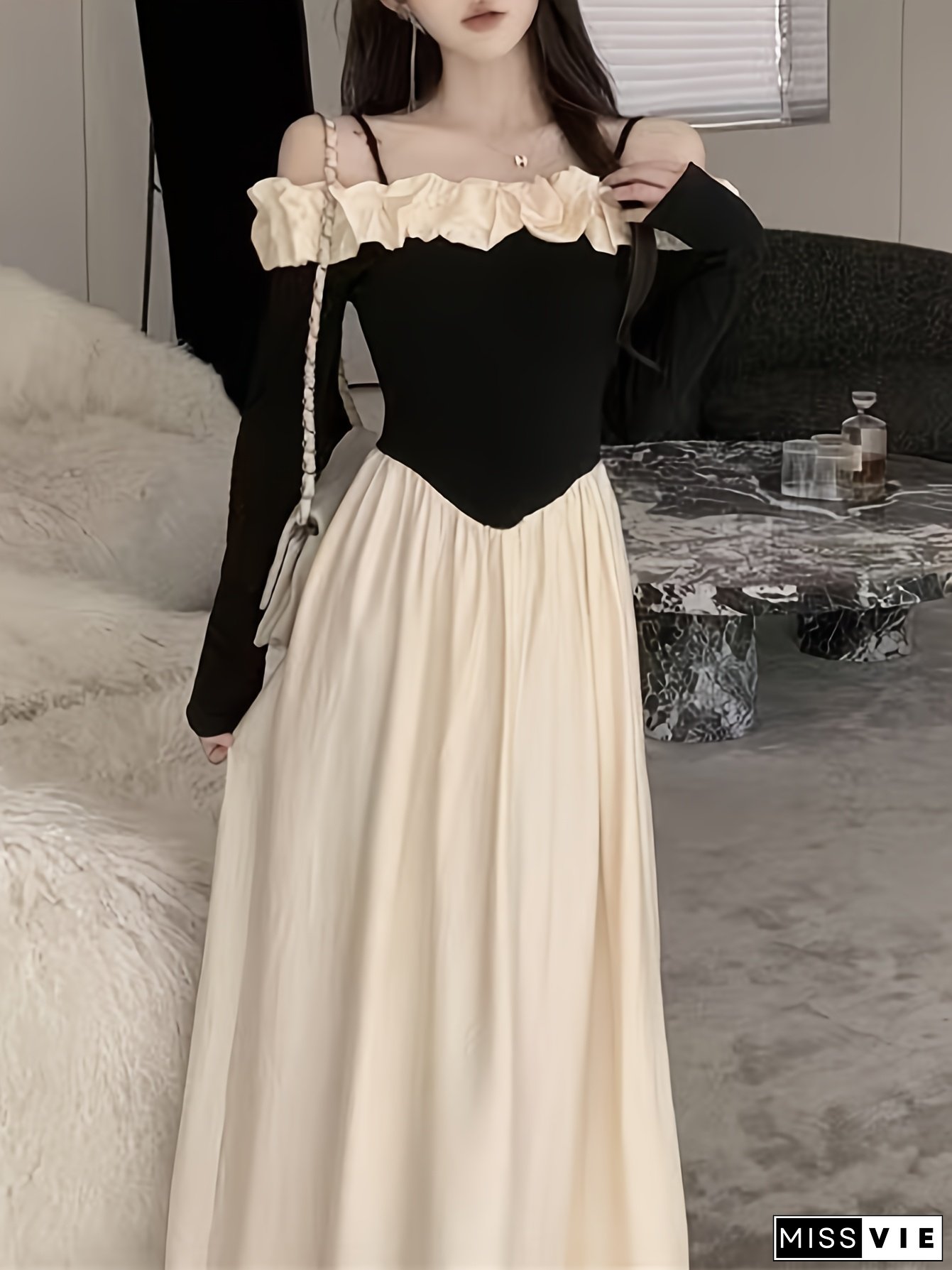 [Cute Polyester Dress] Polyester Off-The-Shoulder Long Sleeve Dress | Cute Exaggerated Ruffle And Fit And Flare Silhouette - Perfect For Adult Spring/Summer/Fall
