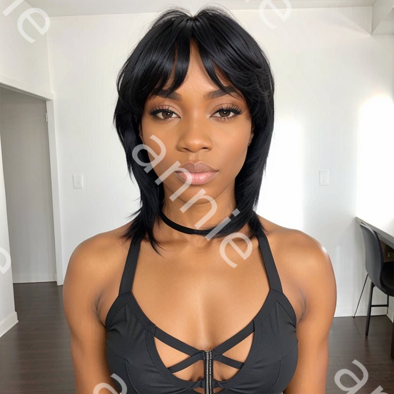 Glueless Pixie Cut 5x5 Lace Closure Wigs Short Straight Bob 80s 90s Mullet WigWith Bangs for Black Women