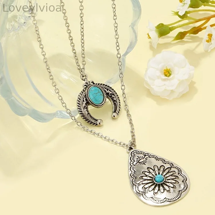 🎁Turquoise Drop Carved Double Layer Necklace