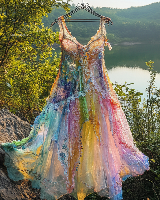 Summer Irregular Lace Patchwork BeadedRuffle Dress 30b5