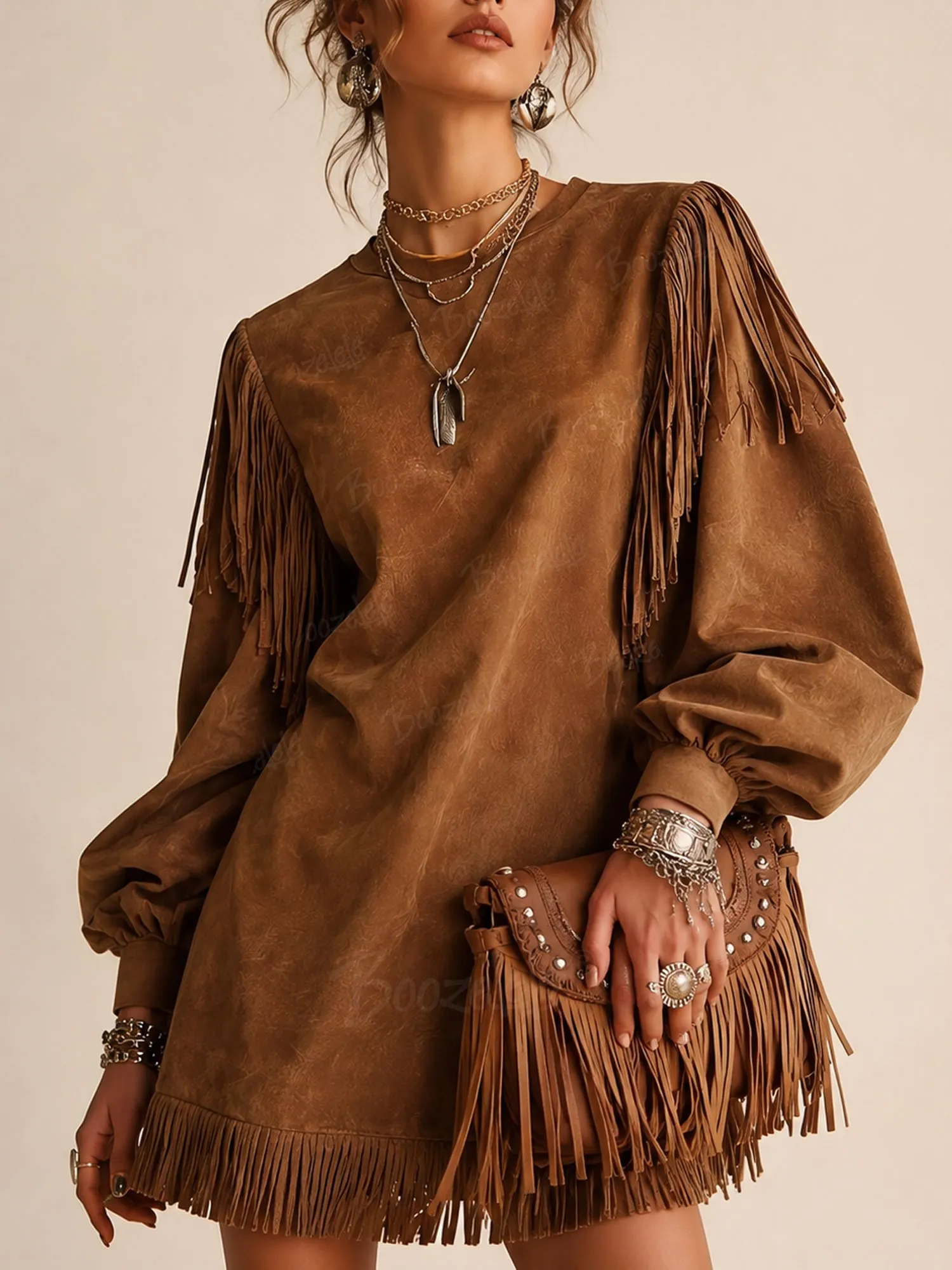 Perfect for a Western Music Festival &mdash; Brown Suede Fringe & Balloon Sleeve 2026 Spring/Autumn Women&rsquo;s Mini Dress