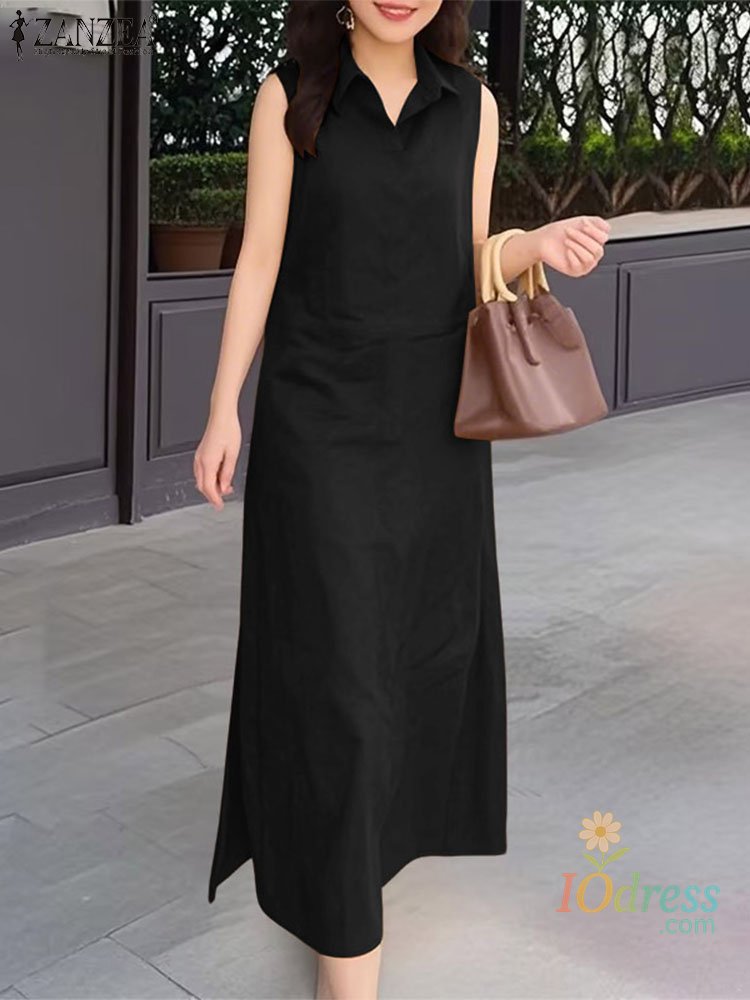 IO Dress 2025 Summer Sleeveless Sundress Shop Women Long Dress Elegant Work OL Dresses Casual Lapel Neck Solid Vestidos Split Hem Robe IO Dress