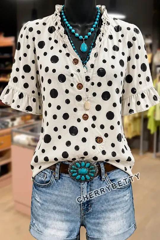 Sequin Flower Embroidered V-Neck Half Sleeve Blouse