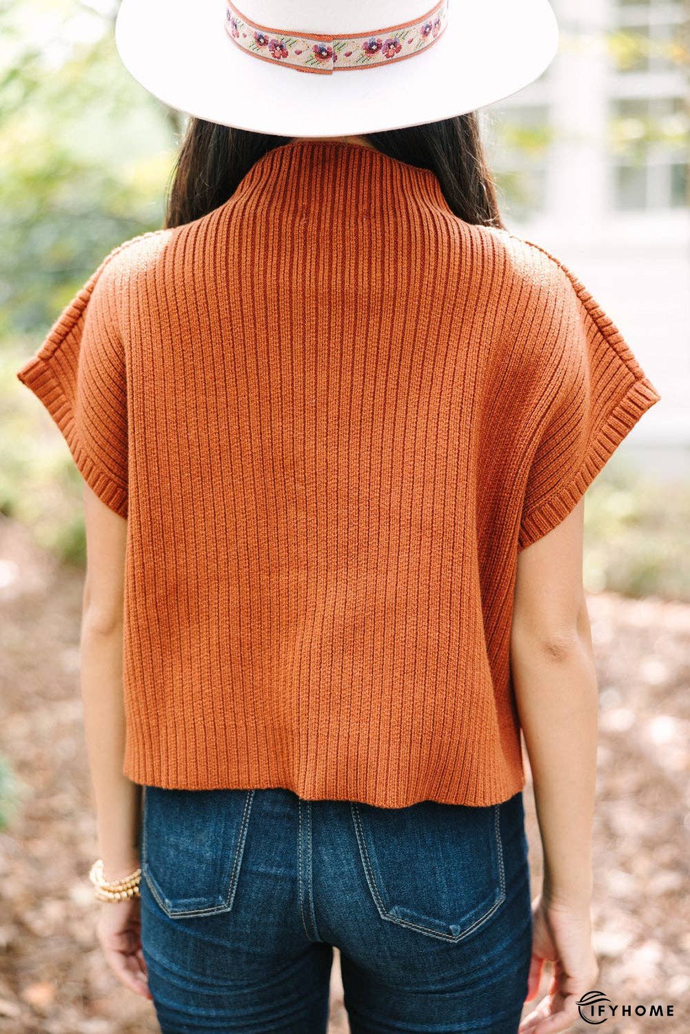 Oatmeal Patch Pocket Ribbed Knit Short Sleeve Sweater | IFYHOME