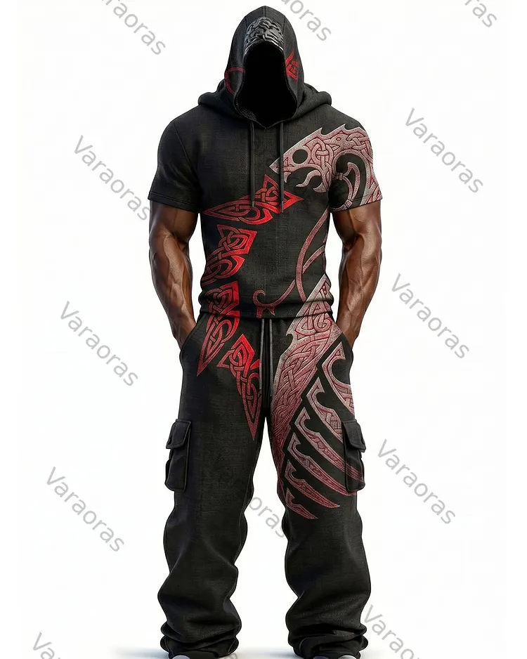 Men's Fashion Viking Contrast Color Embroidered Hoodie & Pants Two-Piece Set 3120