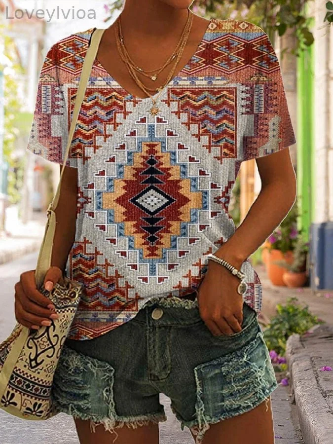 Women's Retro Geometric Print Casual T-Shirt
