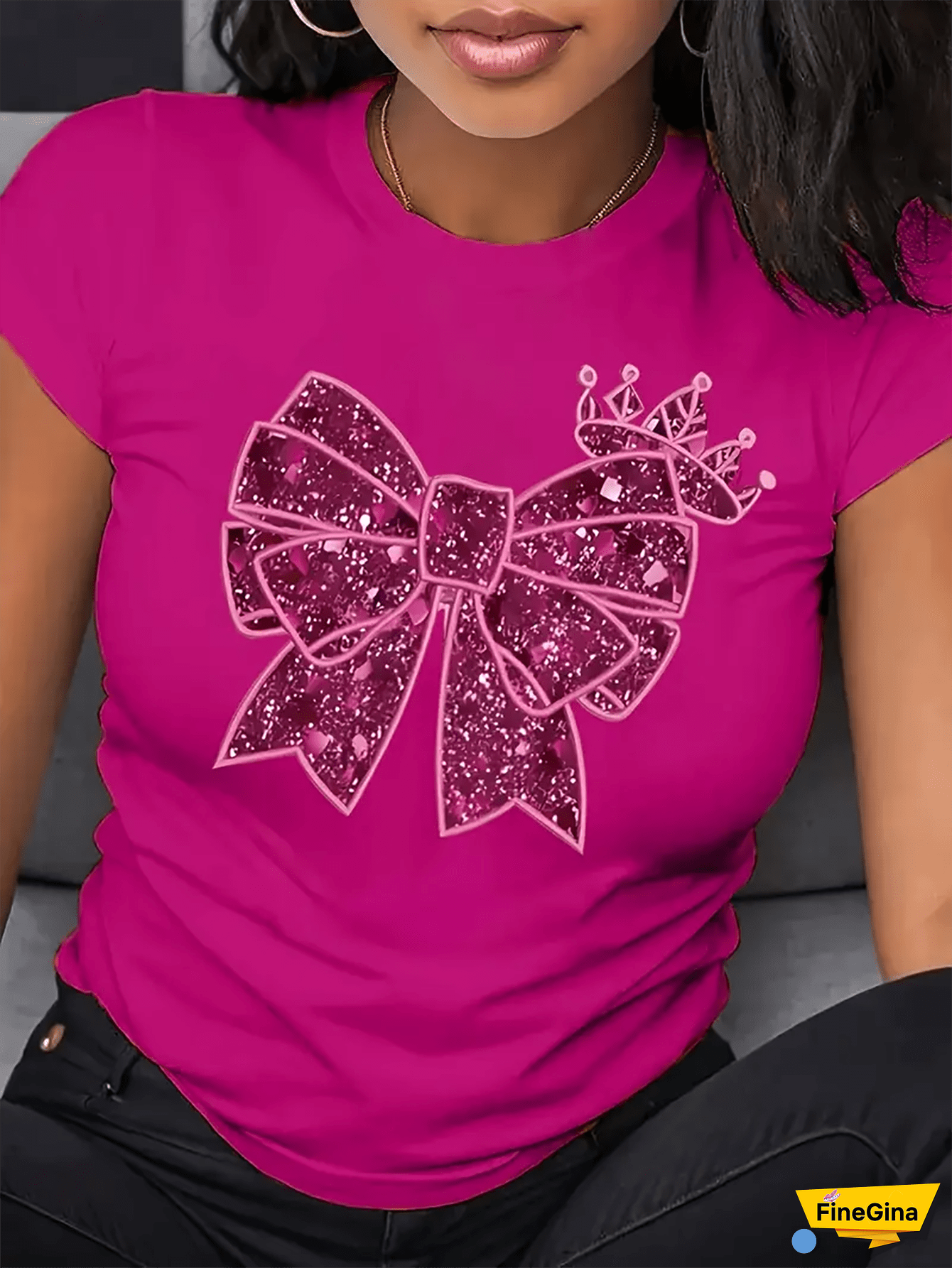 1pc Women's Sparkling Rhinestone Bow & Crown Print Short Sleeve T-Shirt - Vibrant Pink Princess Style Casual Top, Polyester, Machine Washable, Regular Fit for Casual Attire