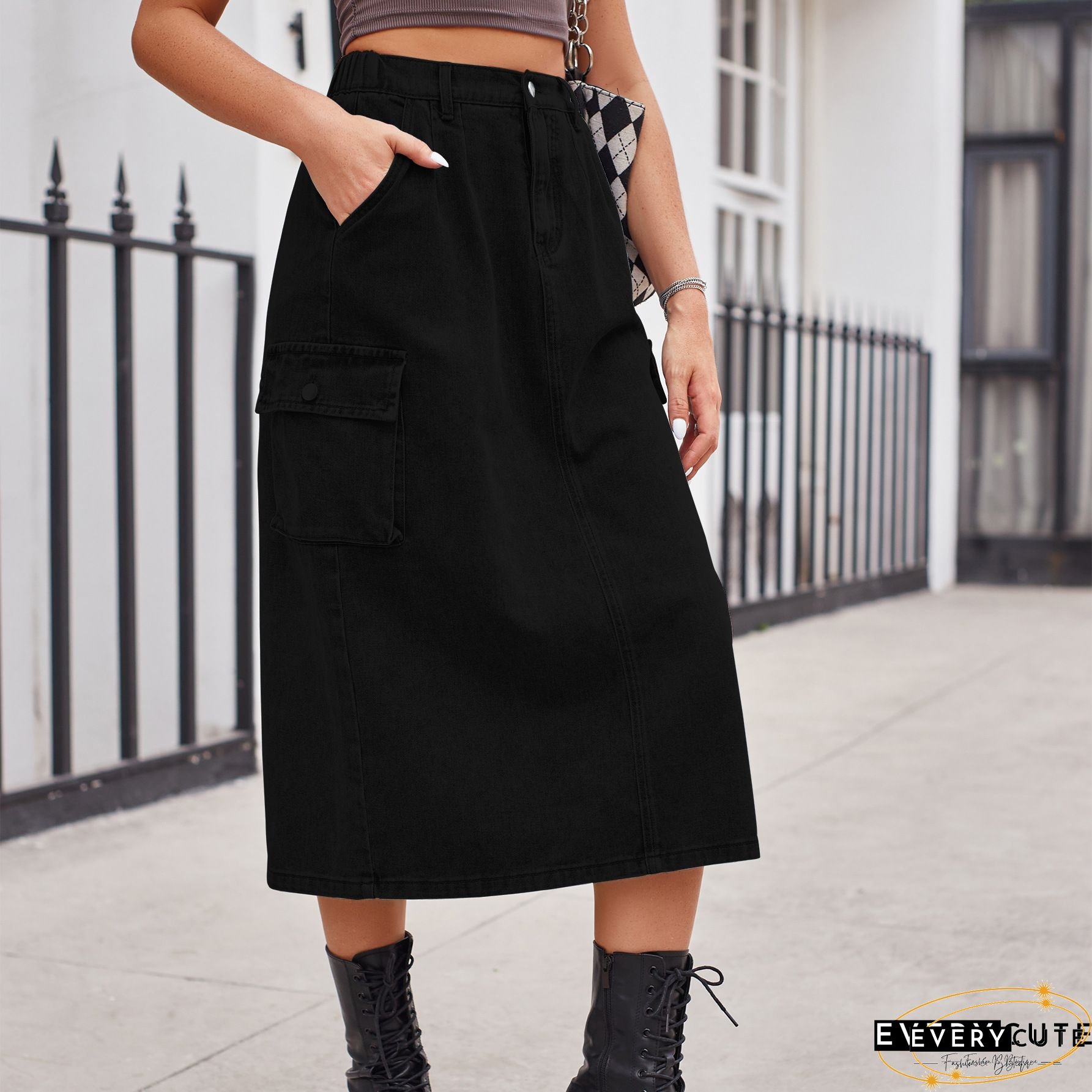 Women's Denim Skirt Button Down Front High Waist Pockets Midi Jean Skirts