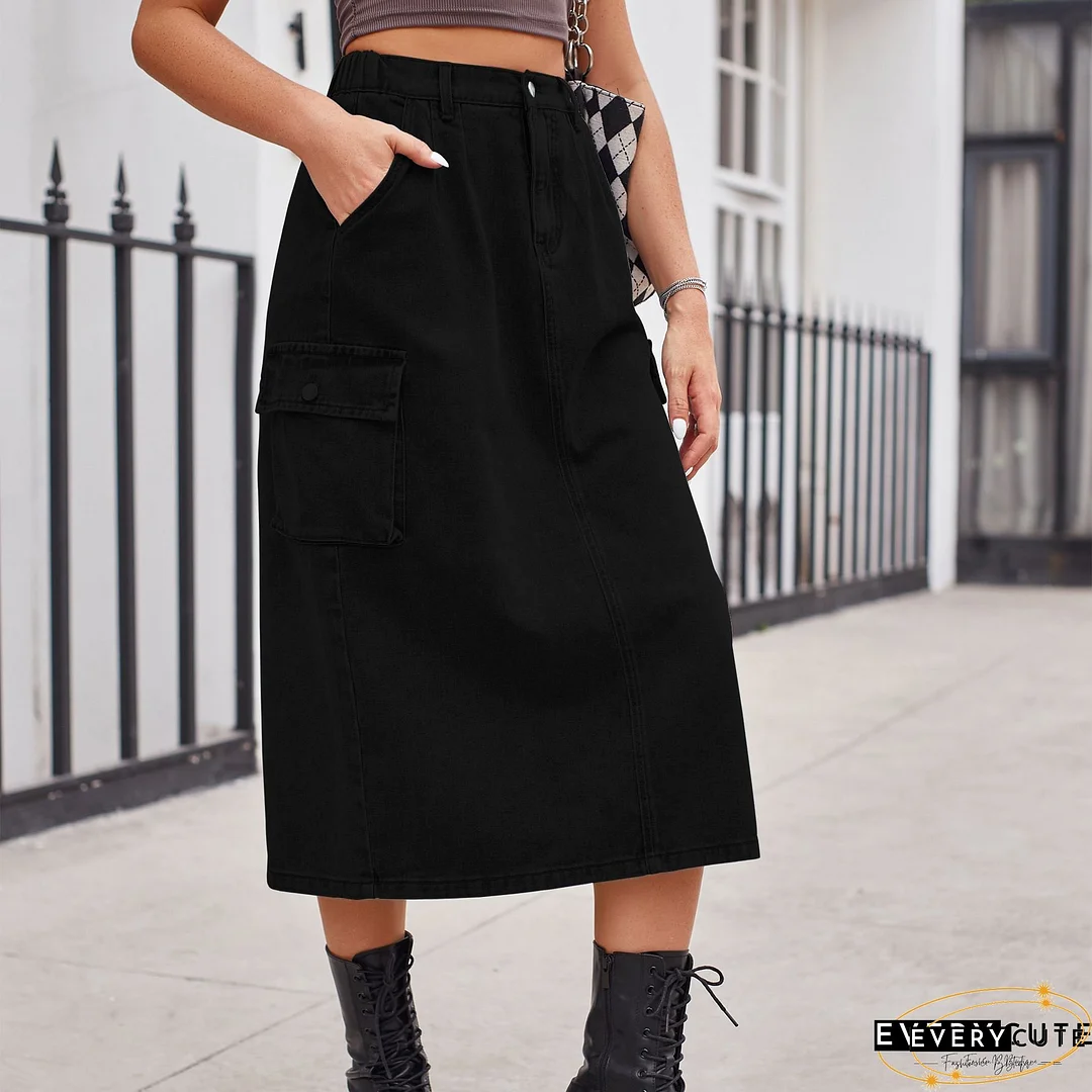 Women's Denim Skirt Button Down Front High Waist Pockets Midi Jean Skirts