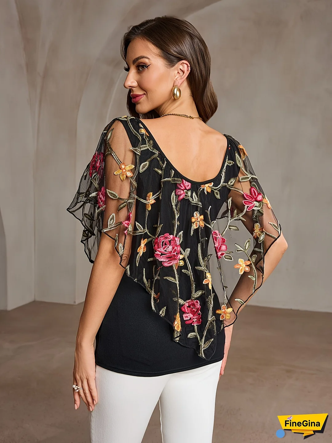 [Elegant Mesh Top] Elegant Floral Women's Mesh Top | Ruffled Edges, Black and White, Spring/Summer Style, Perfect for Casual and Formal Occasions, Casual Attire Top|Floral Print Top|Mesh Fabric Top