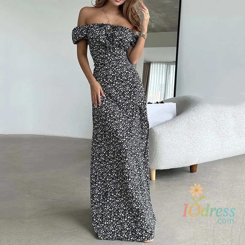 IO Dress Wefads Women Maxi Dress Elegant Floral Printed Short Sleeve Off Shoulder Tie Up Slit Slim Beach Long Dresses Streetwear