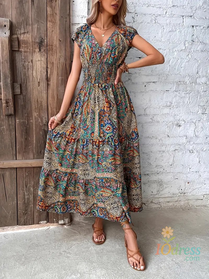 IO Dress Summer Women's Short Sleeved Dress Long V-neck Cinched Waist New Style French Temperament Bohemian Vacation Style Printed Dress IO Dress