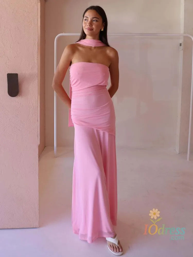 IO Dress Blifanbo Mesh Off-shoulder Scarf Sexy Maxi Dress Autumn Strapless Ruched Elegant Fashion Solid Slim Patchwork Club Party Dress IO Dress Store