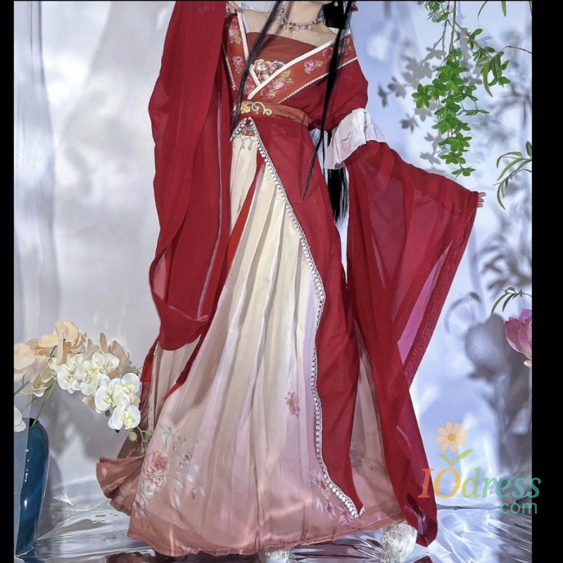 IO Dress Retro Chinese Style Red Vestido Hanfu Dress Cosplay Women Traditional Print Long Skirt 5 Piece Set Elegant Girls Party Skirt Set