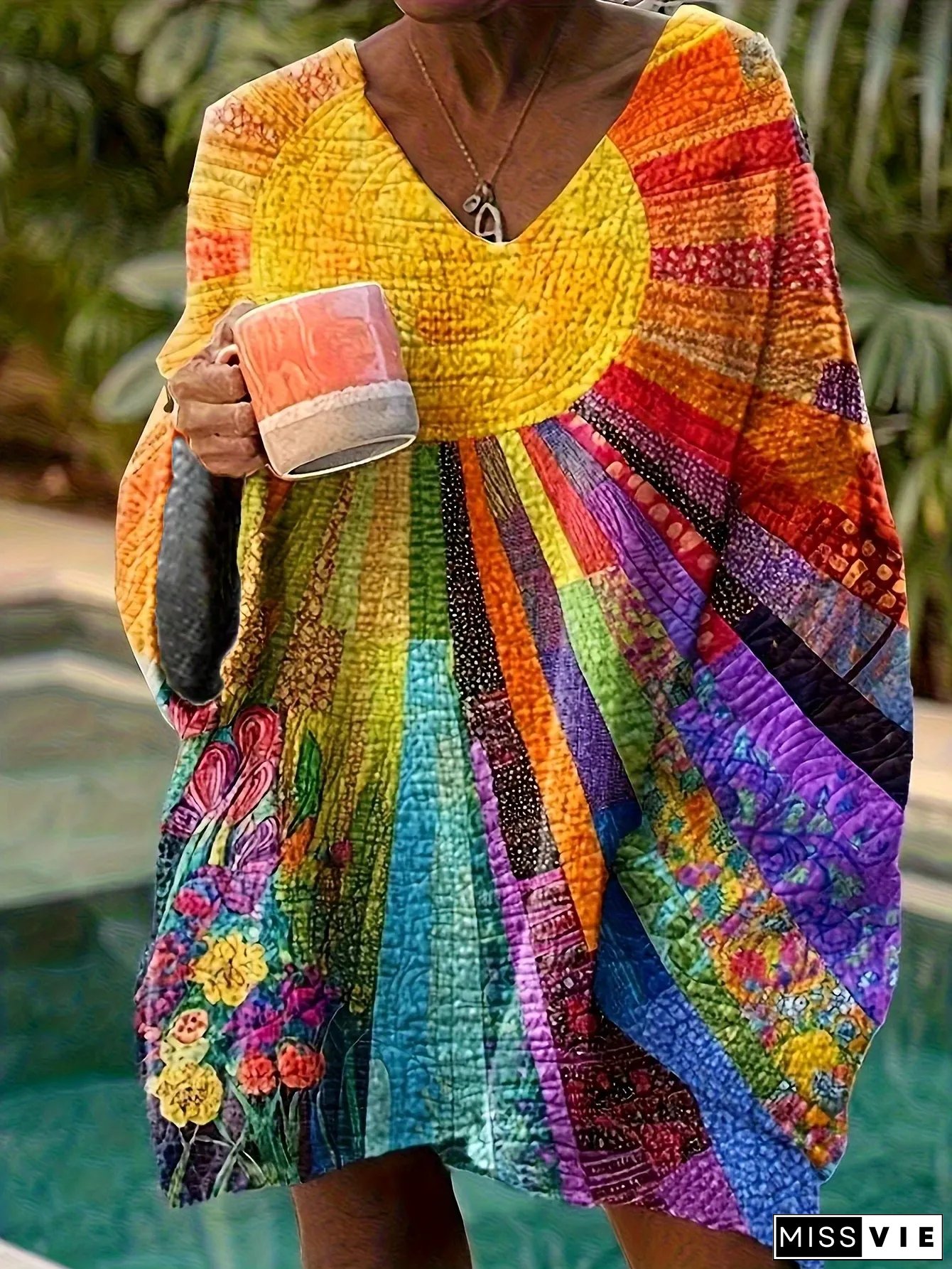 Womens Elegant V-Neck Long Sleeve Sweater All-Over Print Colorful Abstract Pattern Soft