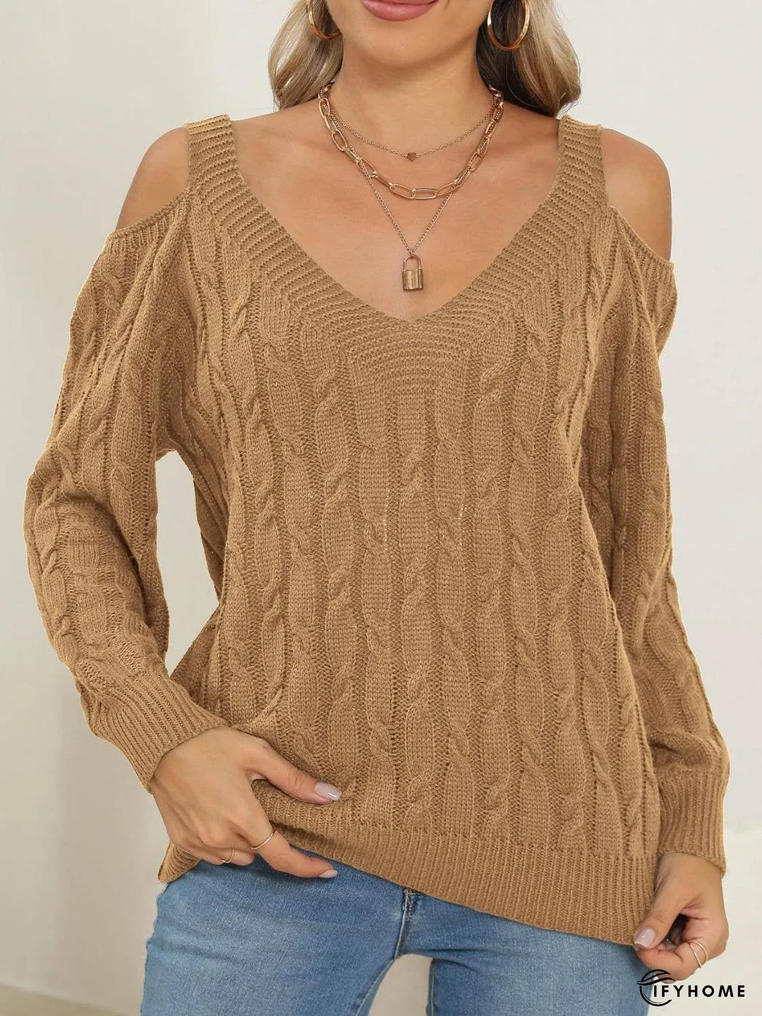 Cable-Knit V-Neck Long Sleeve Sweater | IFYHOME
