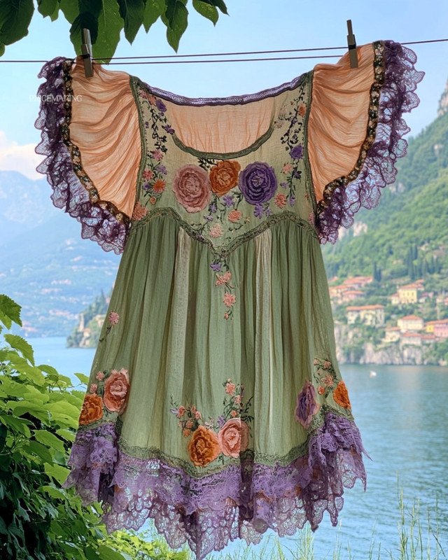 Summer Vacation Ruffle Lace Chiffon Elegant Long Top 3665