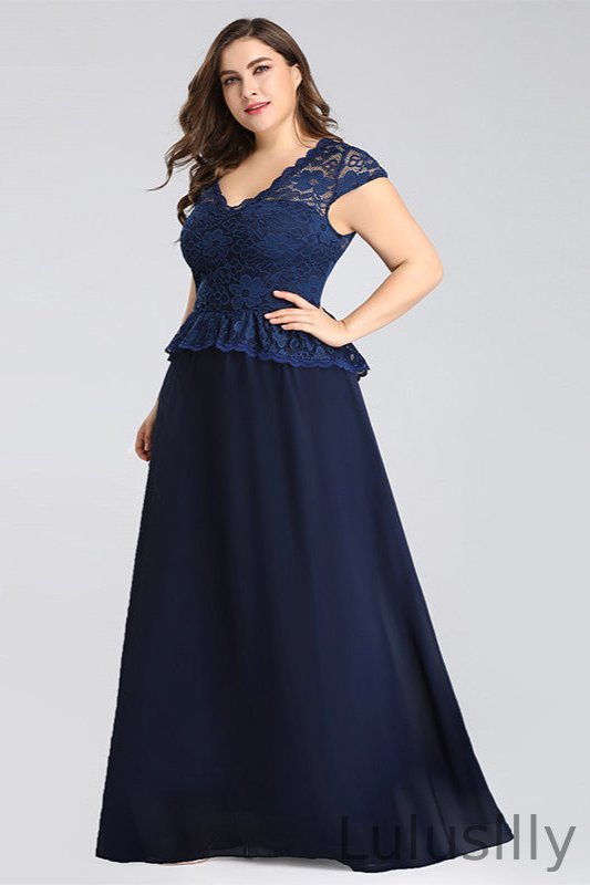 Glamorous Navy Blue Lace Long Plus Size Evening Gowns Online - lulusllly