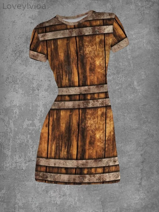 Women's Vintage Woodcut Print Pattern Round Neck Dress
