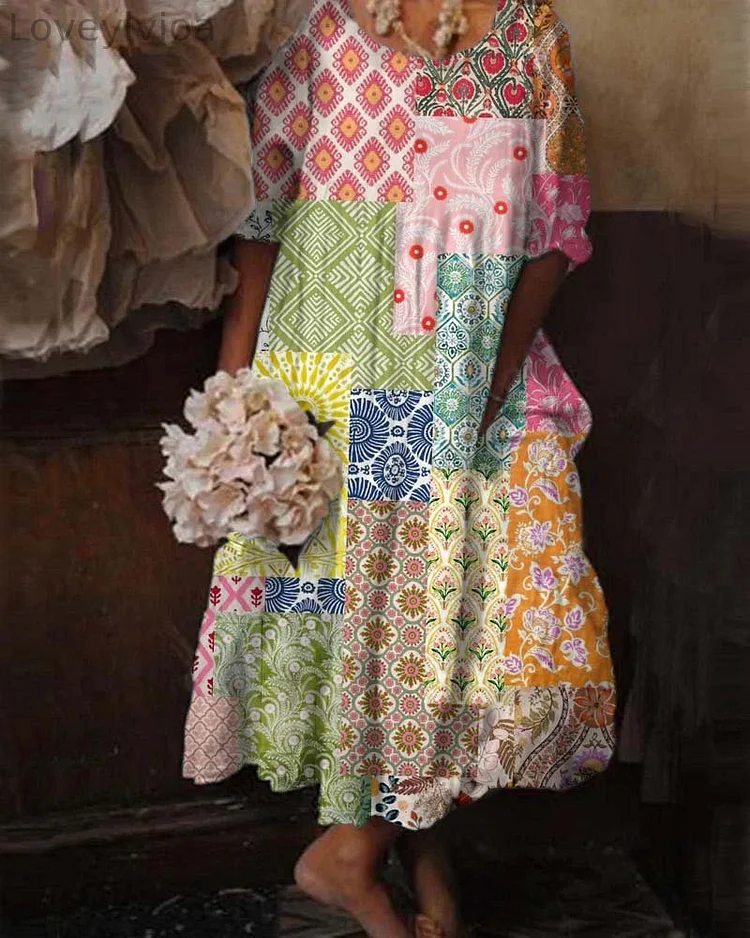 Vintage Bohemian Resort Floral Casual Short Sleeve Midi Dress