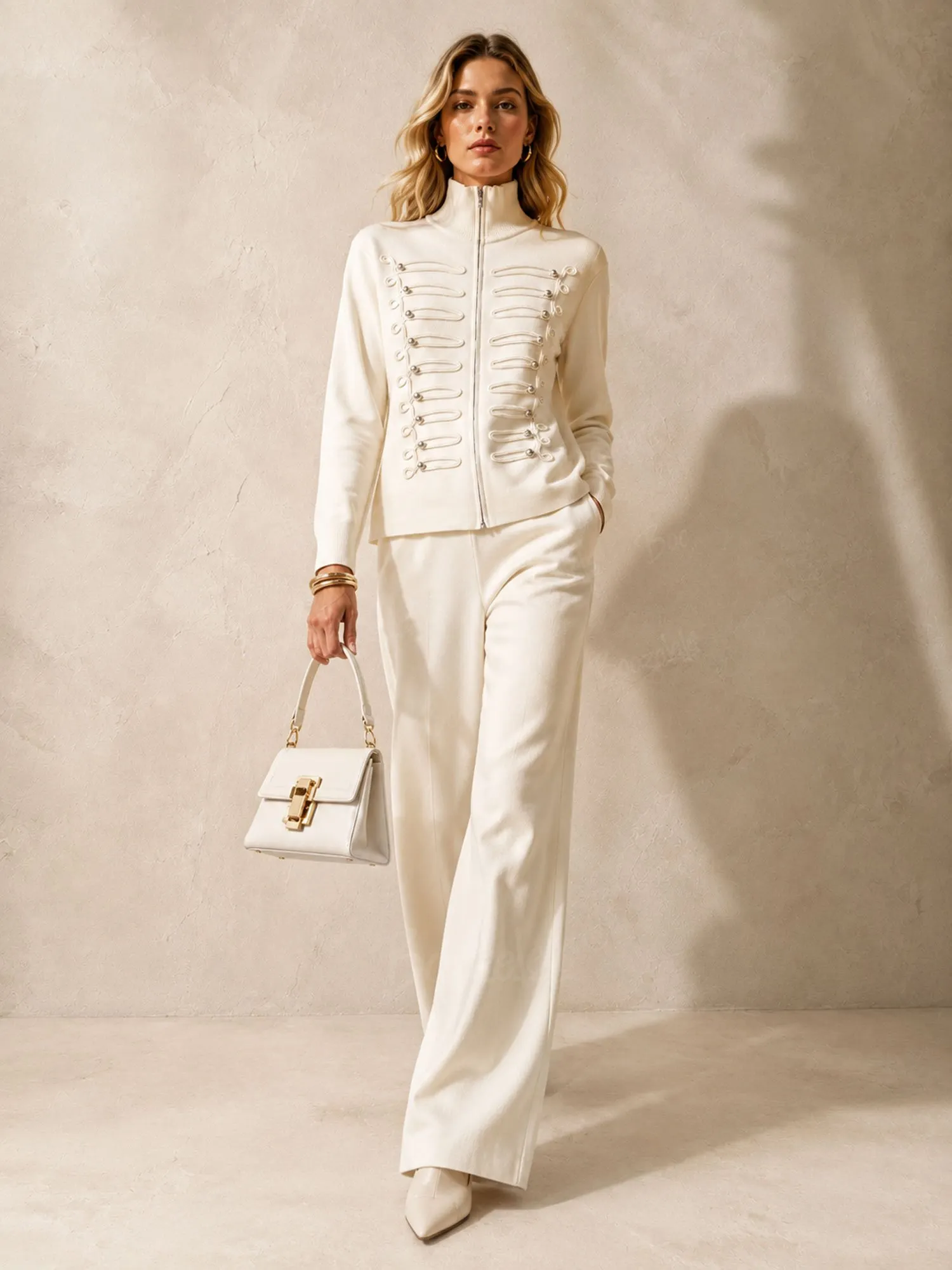 Ideal for an Outdoor Autumn Ranch Retreat &mdash; Cream White Military Button Zip-Up Cardigan Wide-Leg Pants Set