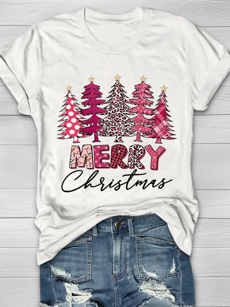 Eagerlys Women's Christmas Tree Merry Christmas Print T-shirt Eagerlys