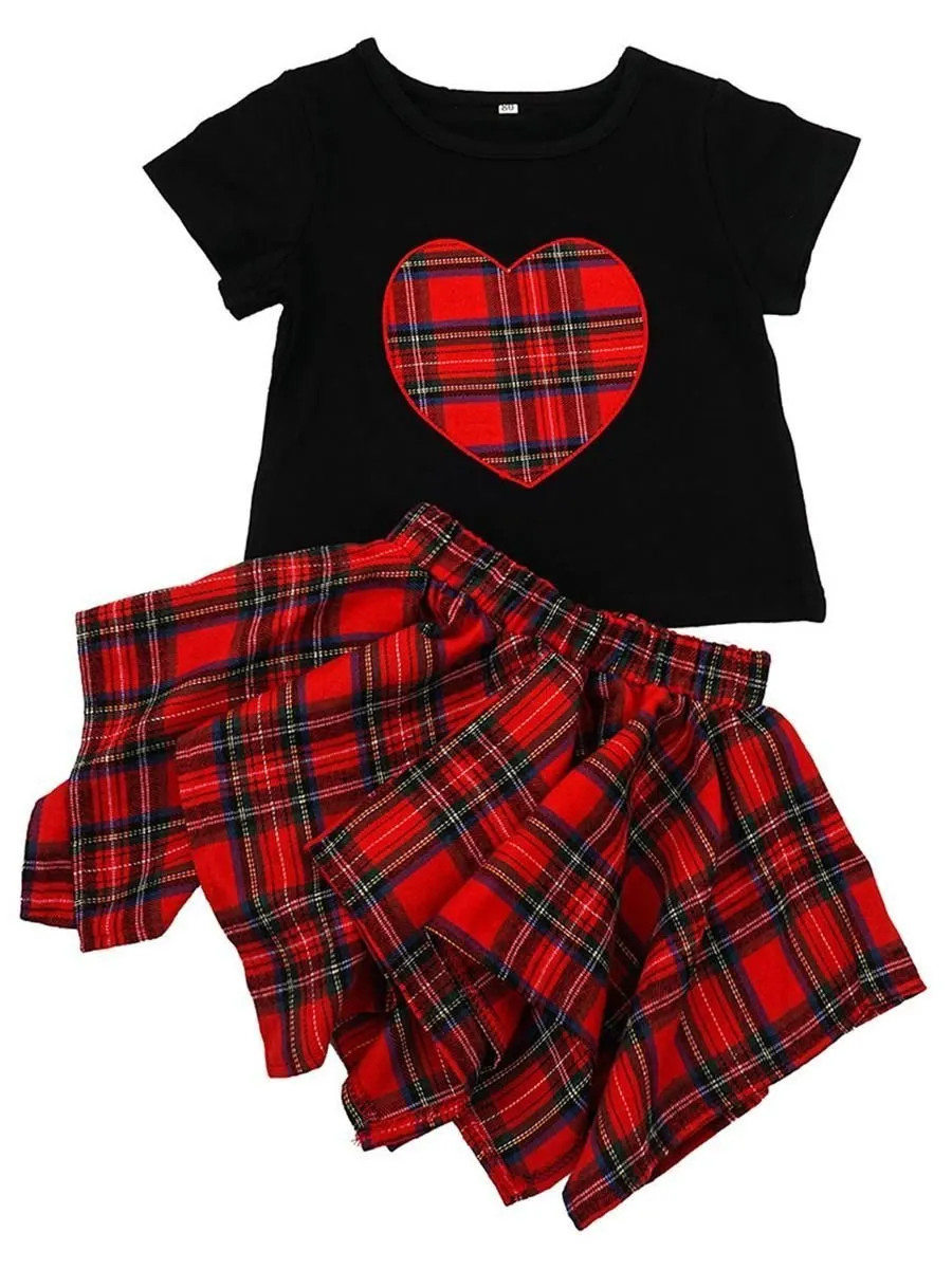 2-Piece Outfits Baby Little Girl Love Heart T-shirt+Checked Asymmetrical Hemline Skirt Summer 佛山市优优秀服饰有限公司 ARY