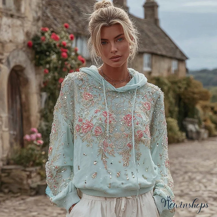 Women's Bohemian Floral Sequin Embroidered Hoodie