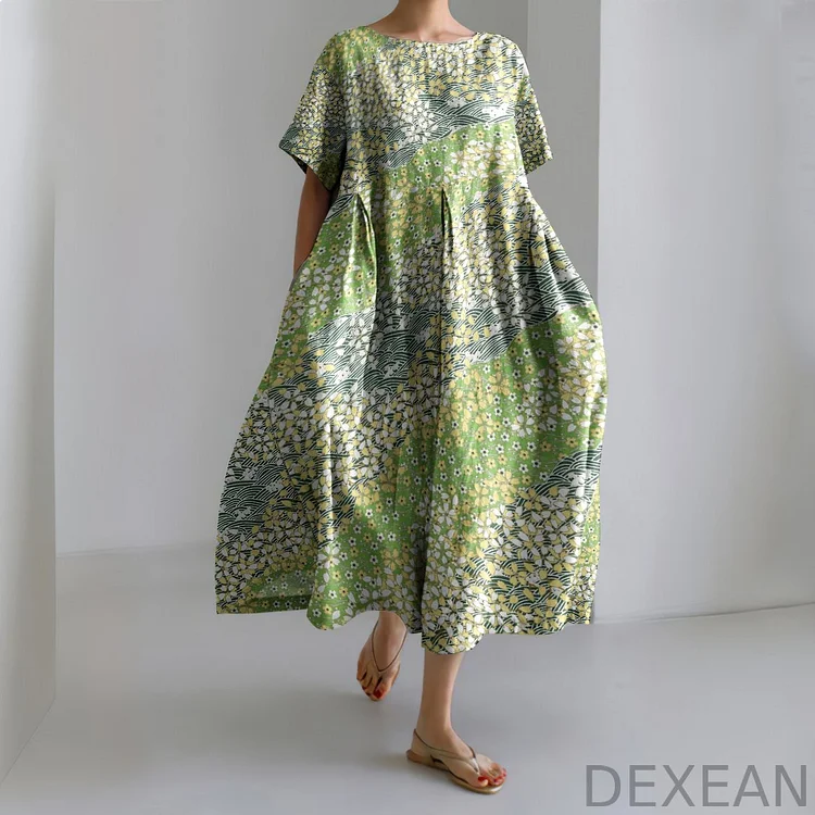 Japanese Art Floral Chiyogami Painting Print Linen Blend Dress