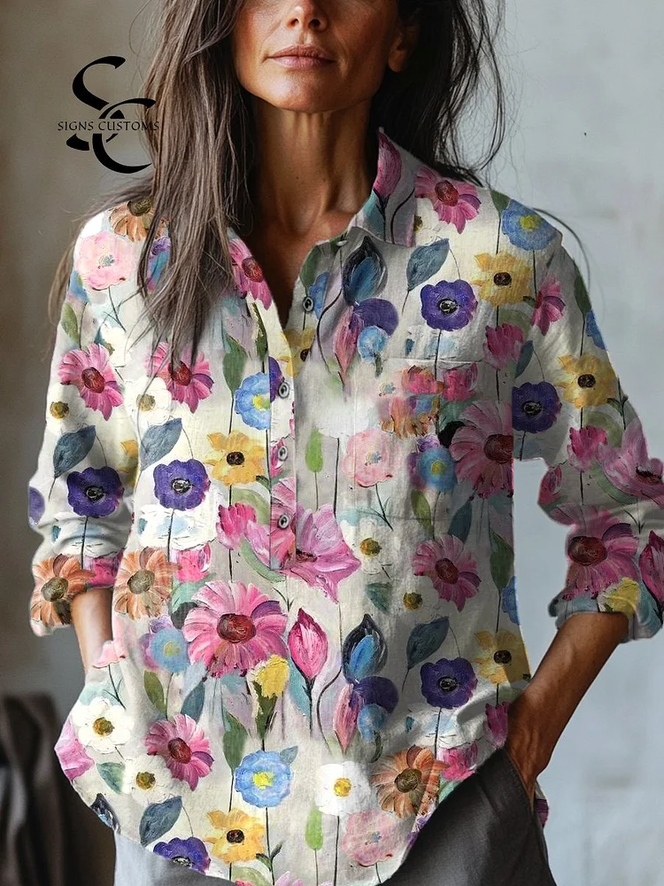 Women's Floral Art  Print Casual Cotton And Linen Shirt