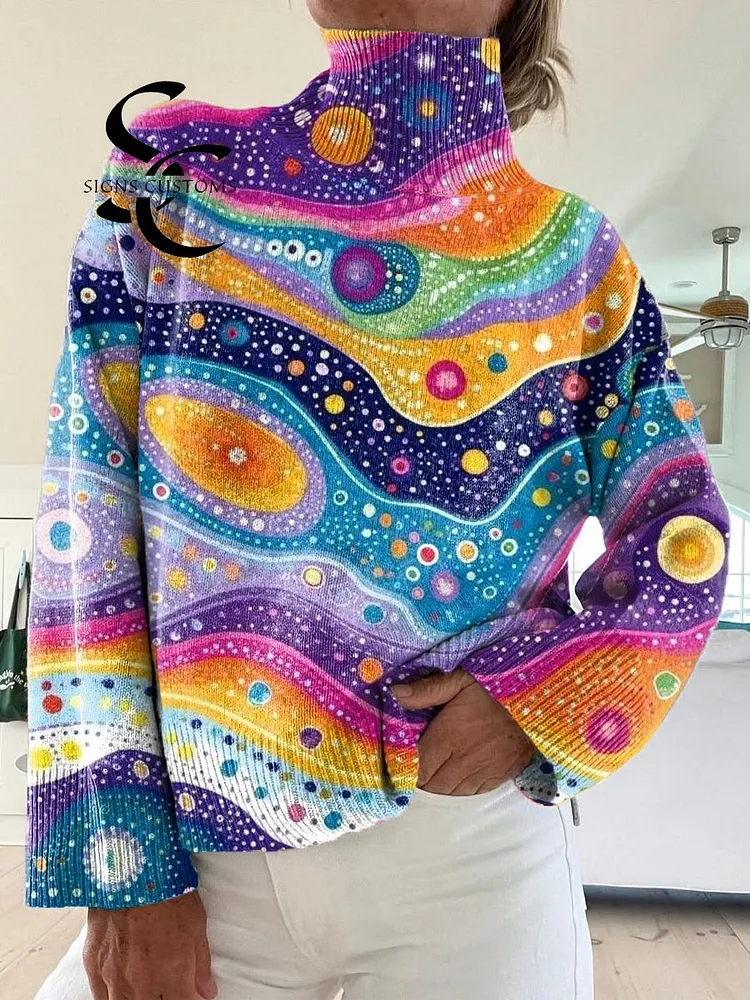 Women's Abstract Pattern Art Print Knit Turtleneck Pullover Sweater