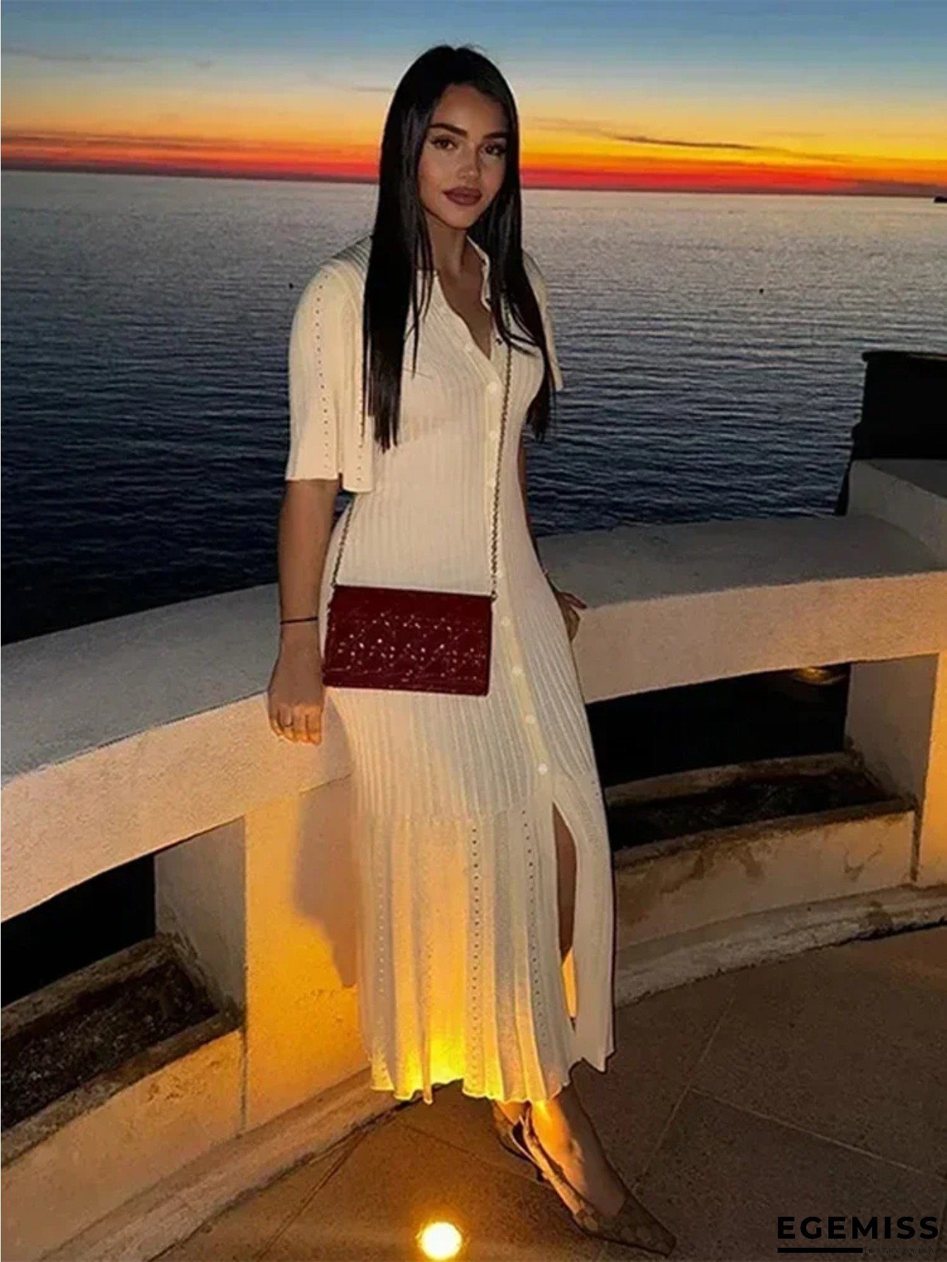 Chic Patchwork Maxi Dress For Women Elegant Short Sleeve Hollow Out Ribbed Long Dresses O-Neck High Waist Lady Knitwear | EGEMISS