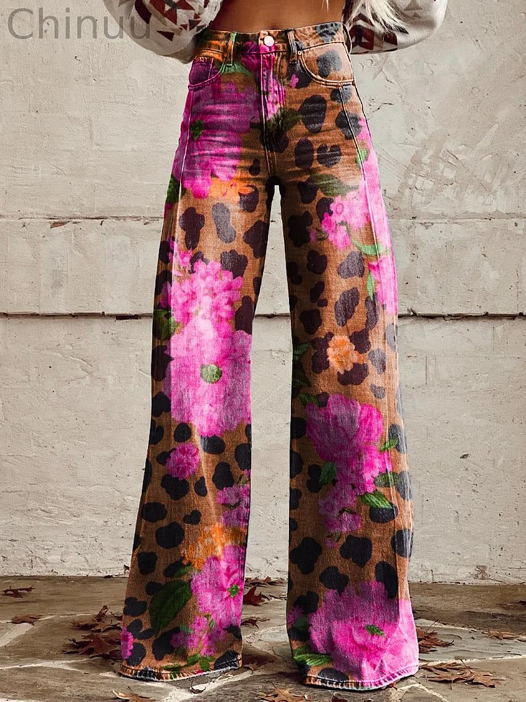 Women's Leopard Print Casual Wide Leg Pants