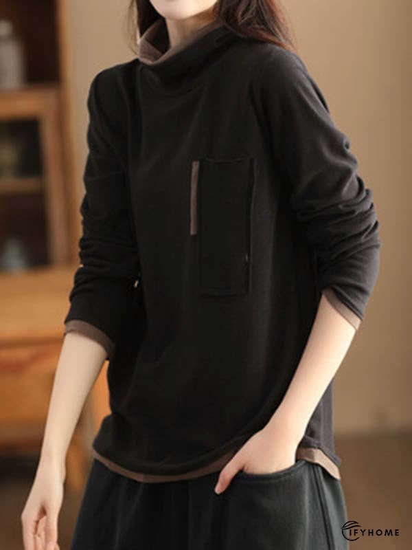 False Two Long Sleeves Contrast Color Pockets High Neck T-Shirts Tops | IFYHOME