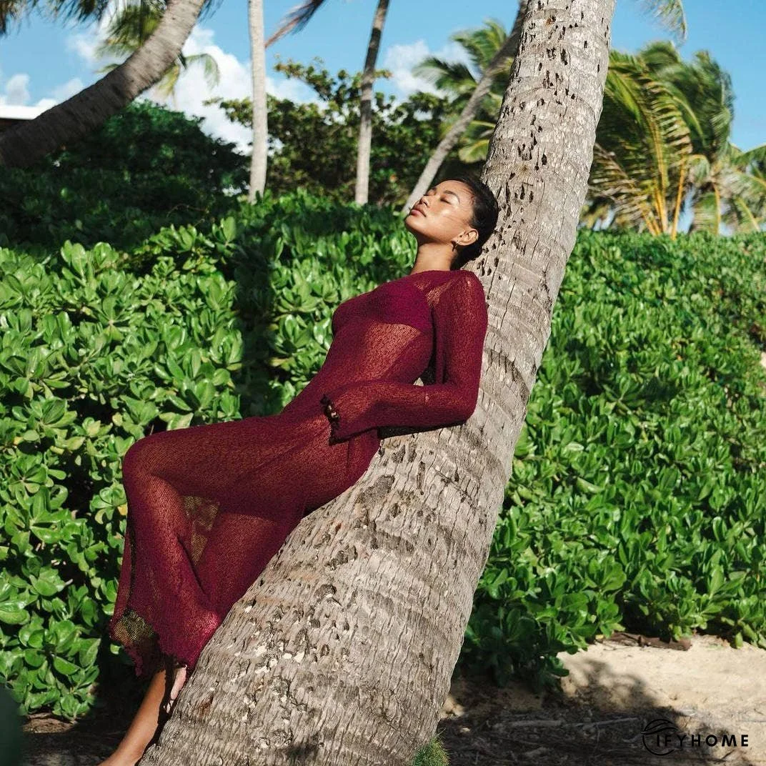 Ladies See Sheer Backless Knit Maxi Dress Beach Cover 1226 | IFYHOME